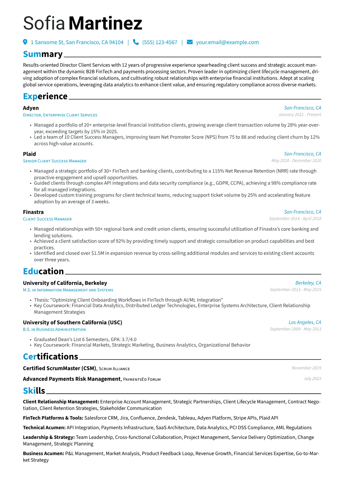 Director Client Services resume example, FinTech & Payments Focus, page 1