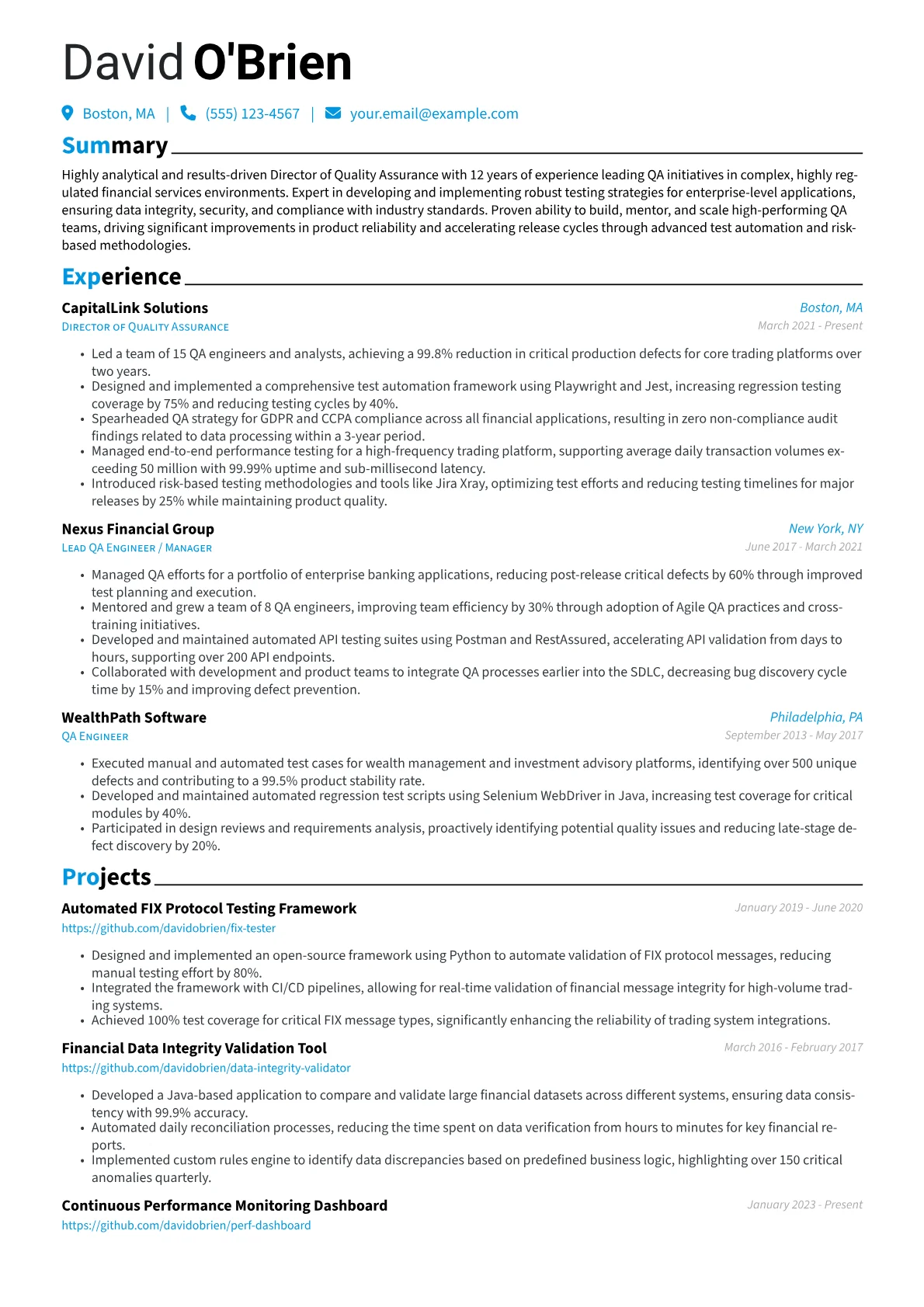 Director of Quality Assurance resume example, FinTech QA Director, page 1