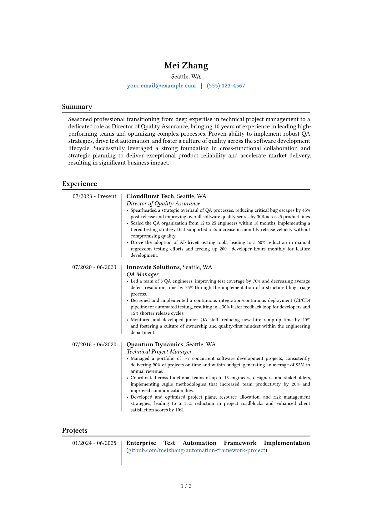 Director of Quality Assurance resume example, Career changer, page 1