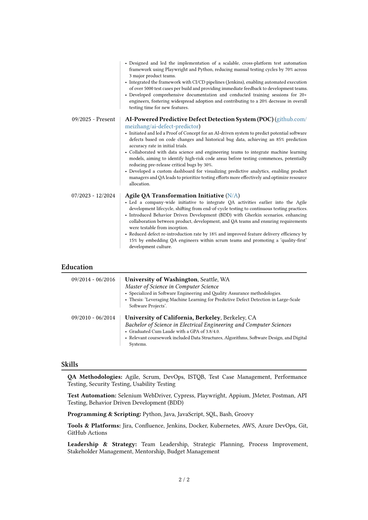 Director of Quality Assurance resume example, Career changer, page 2