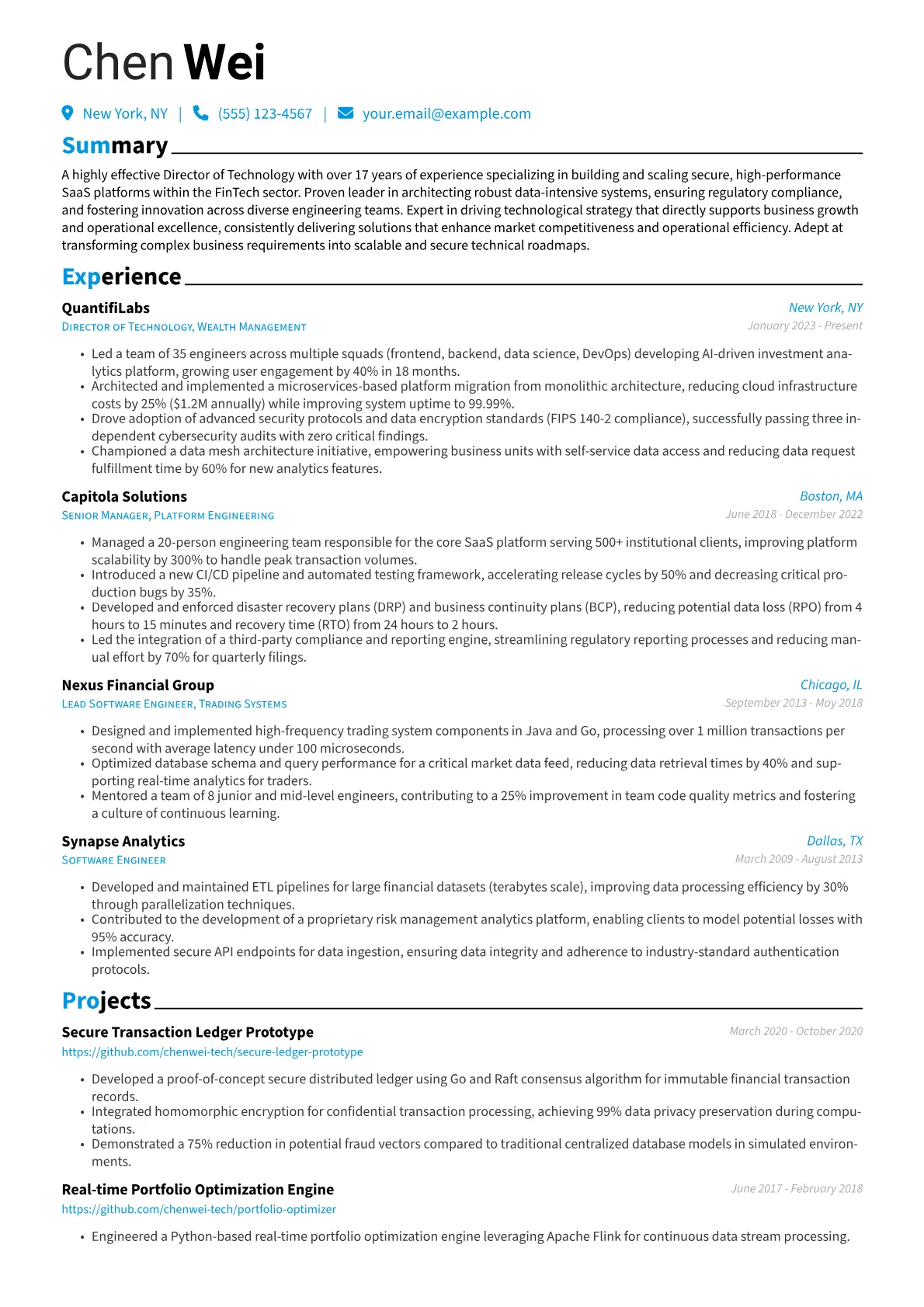 Director of Technology resume example, FinTech SaaS Specialist, page 1