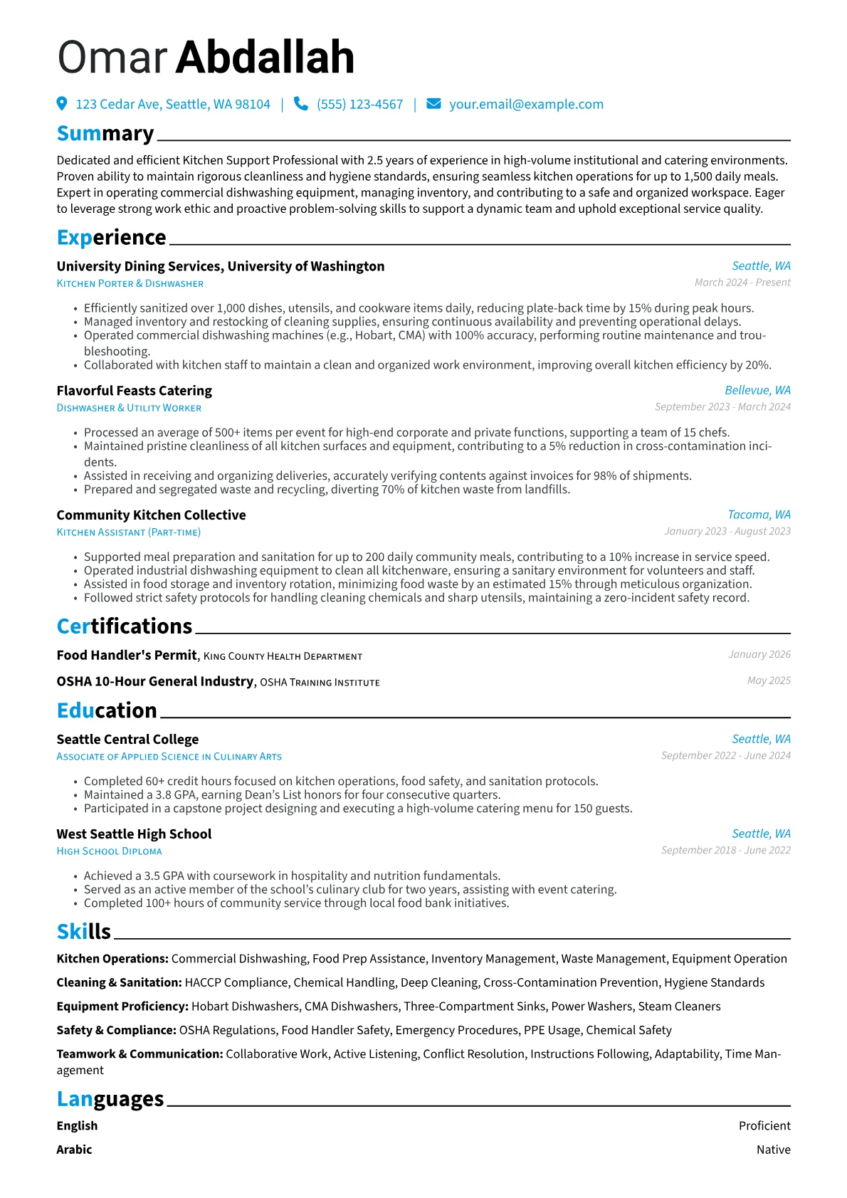 Dishwasher (No Experience) resume example, Institutional/Catering, page 1
