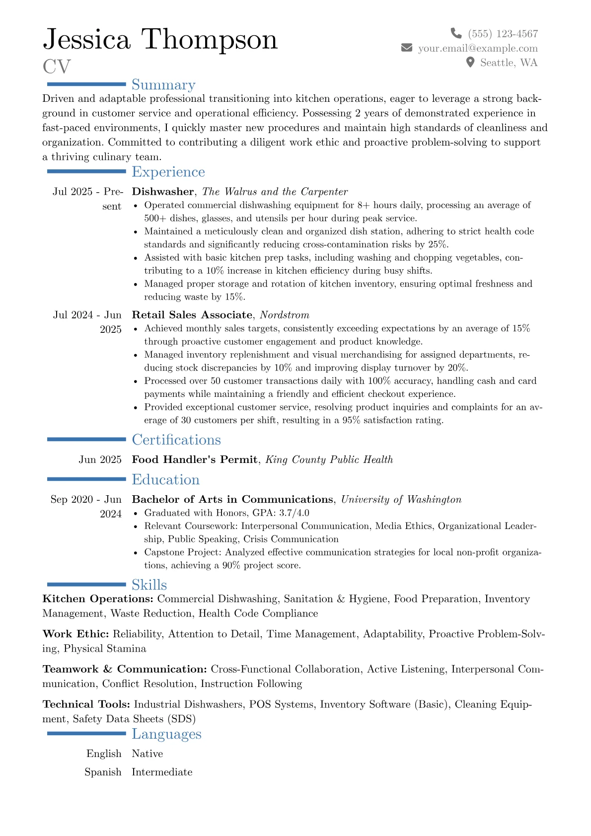 Dishwasher (No Experience) resume example, Career changer, page 1