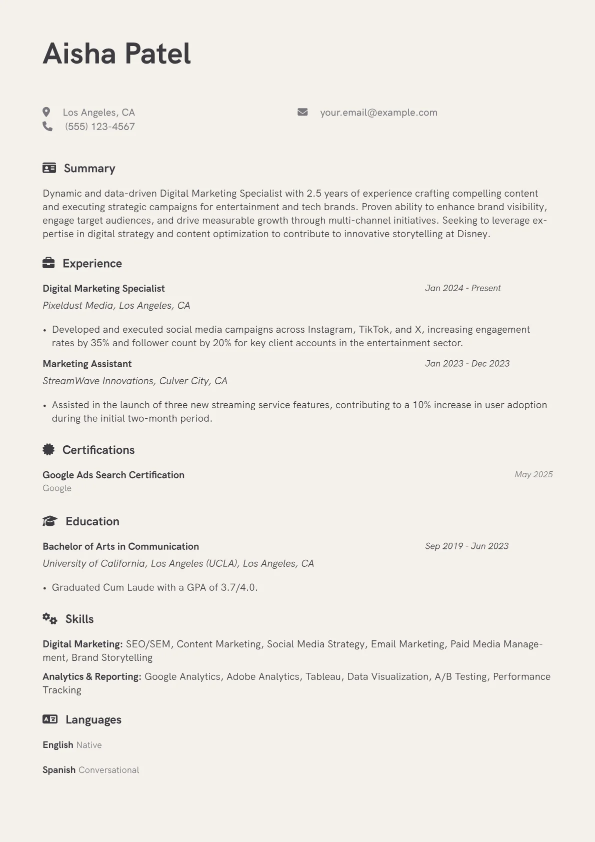Disney resume example, Digital Marketing, page 1