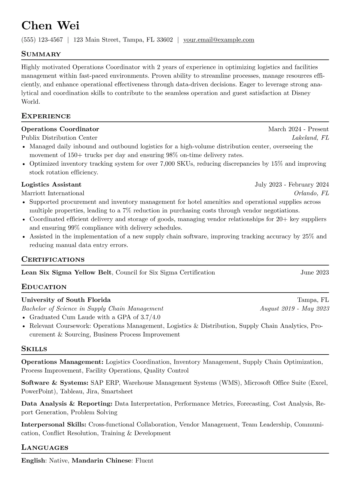 Disney World resume example, Operations Coordinator, page 1