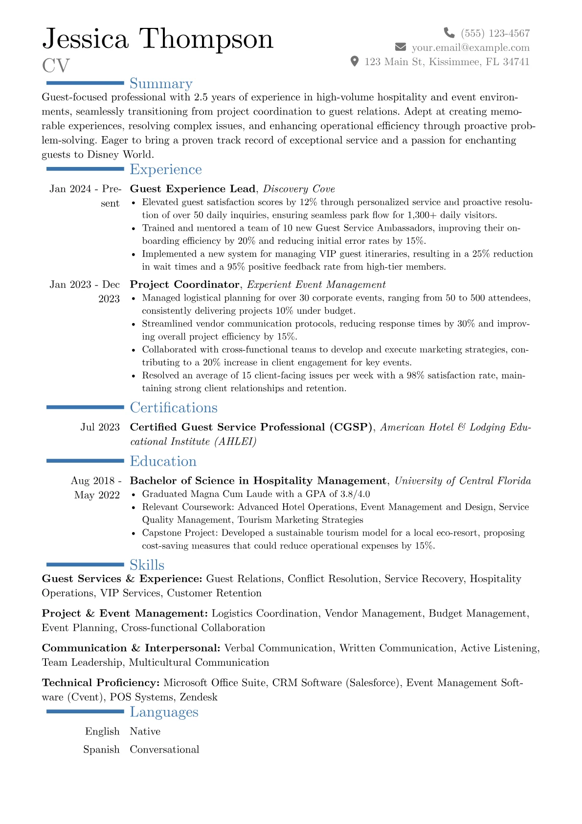 Disney World resume example, Career changer, page 1