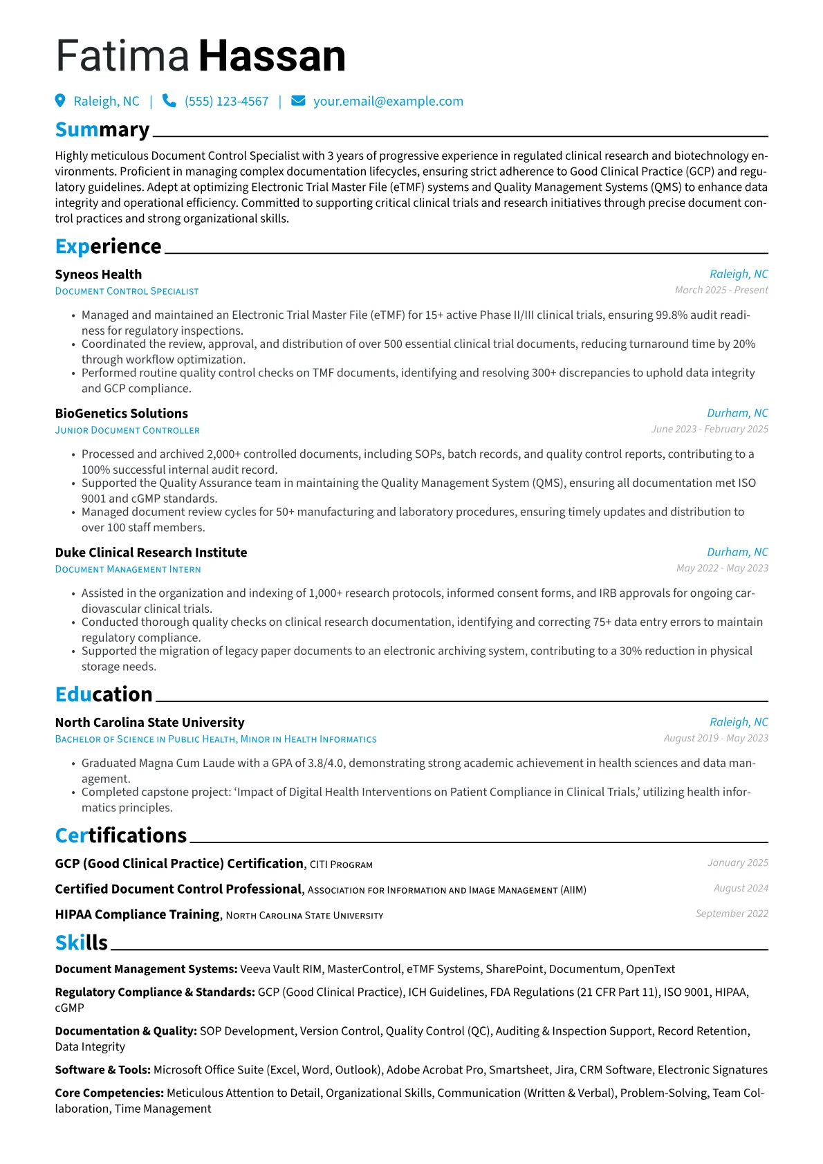 Document Control Specialist resume example, Clinical Research Focus, page 1