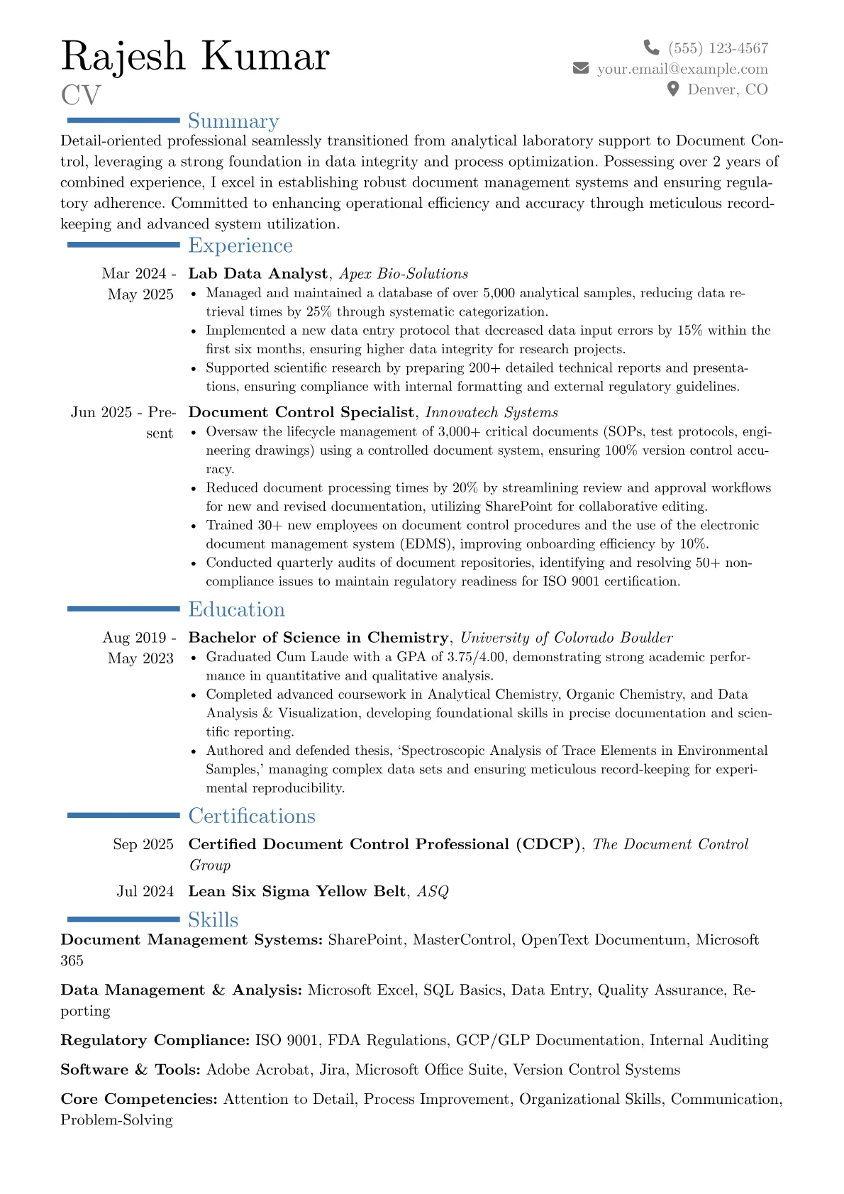 Document Control Specialist resume example, Career changer, page 1