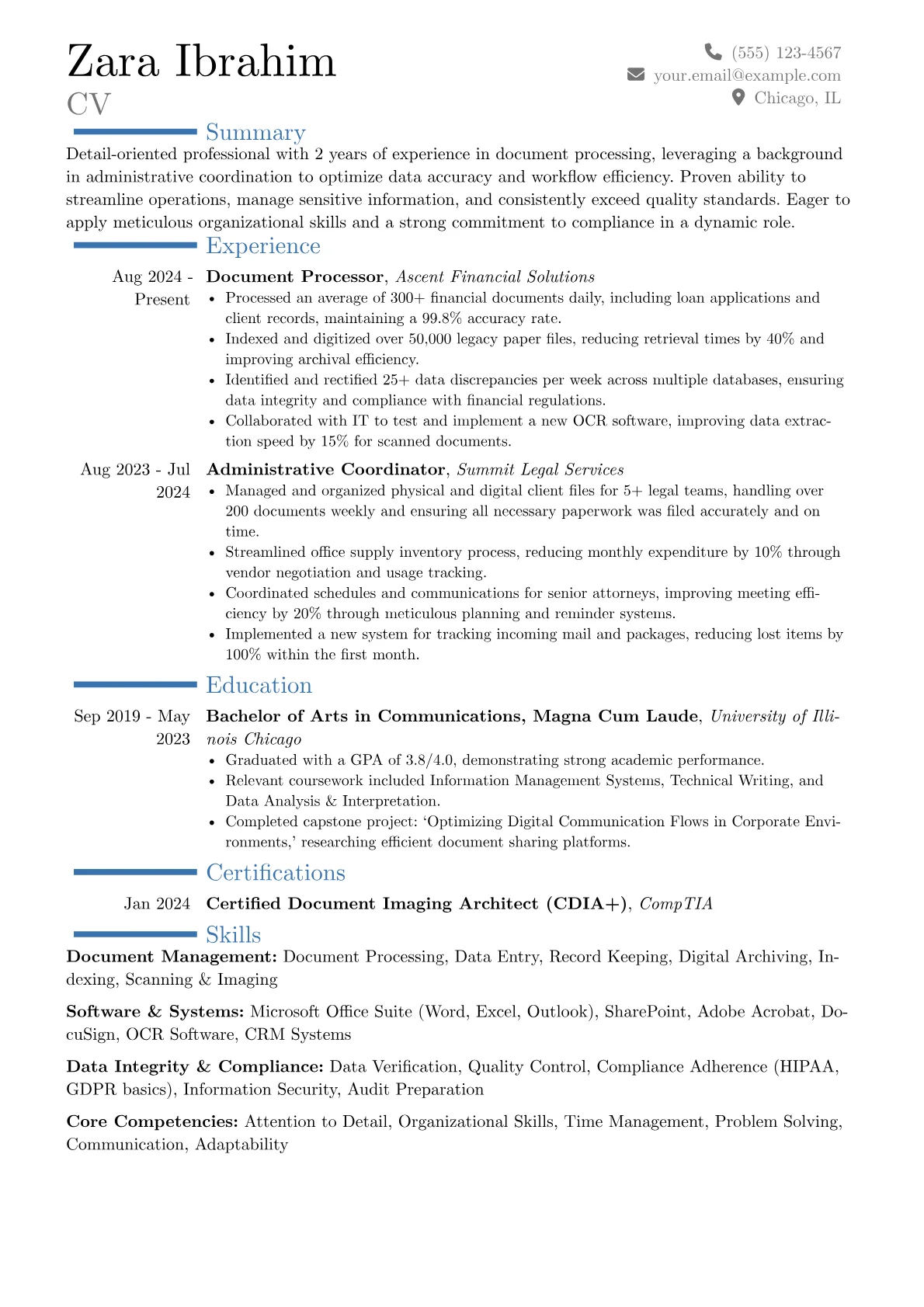 Document Processor resume example, Career changer, page 1