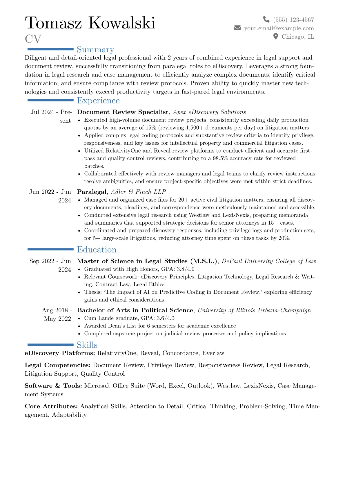 Document Reviewer resume example, Career changer, page 1