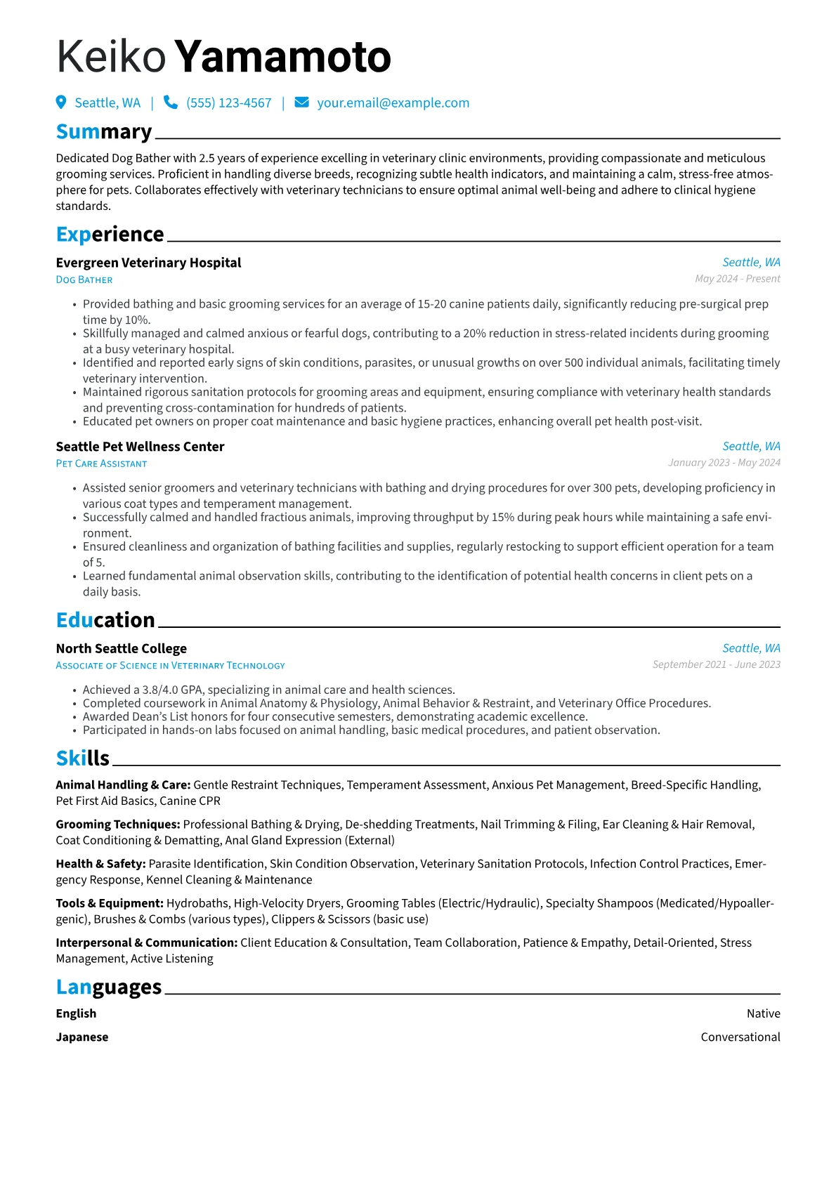 Dog Bather resume example, Dog Bather - Veterinary, page 1