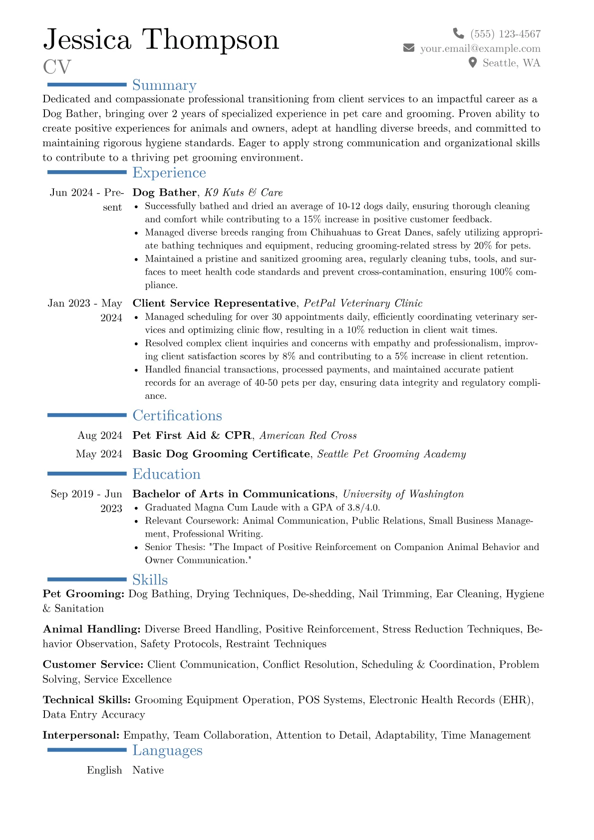 Dog Bather resume example, Career changer, page 1