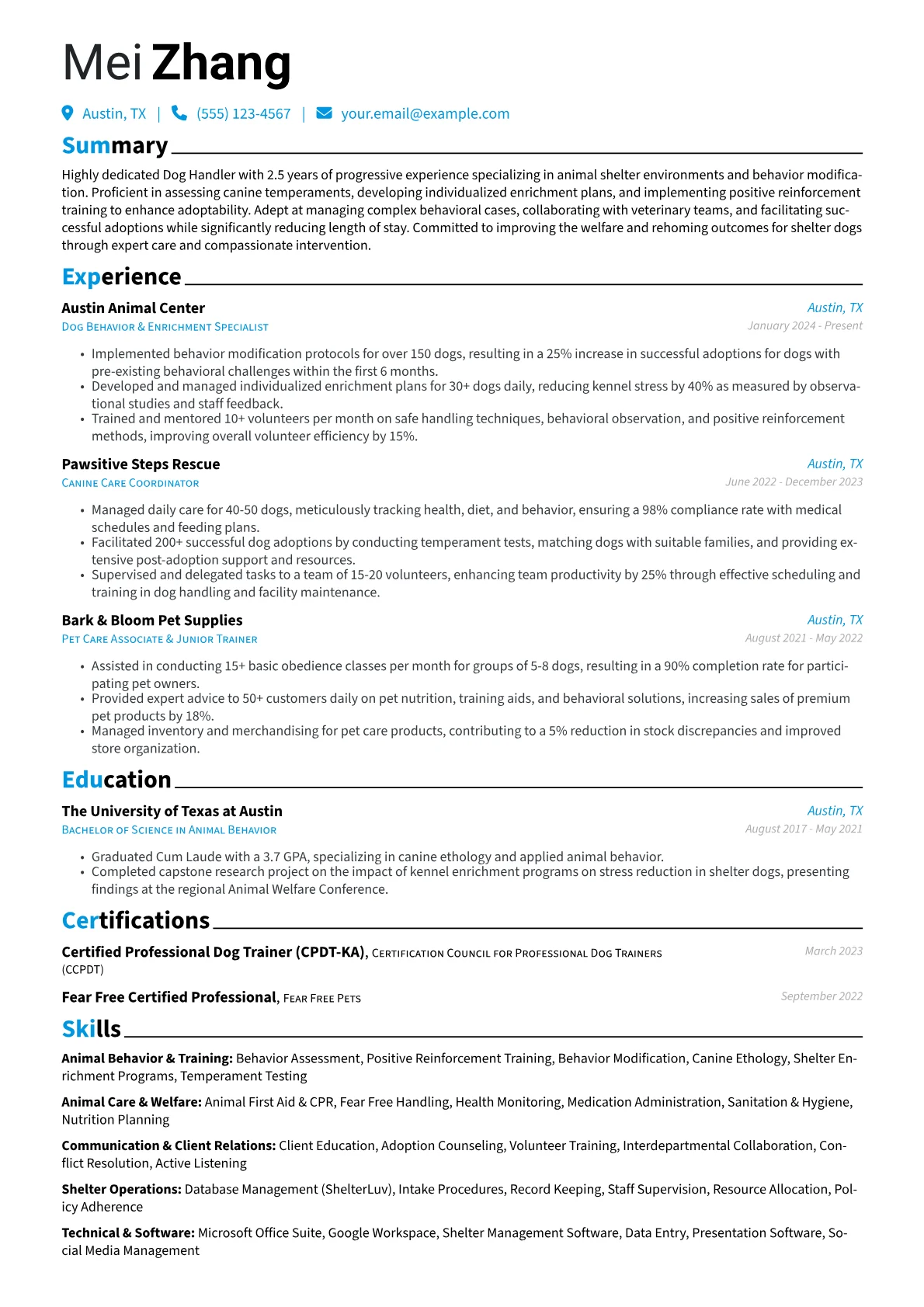 Dog Handler resume example, Dog Handler, page 1