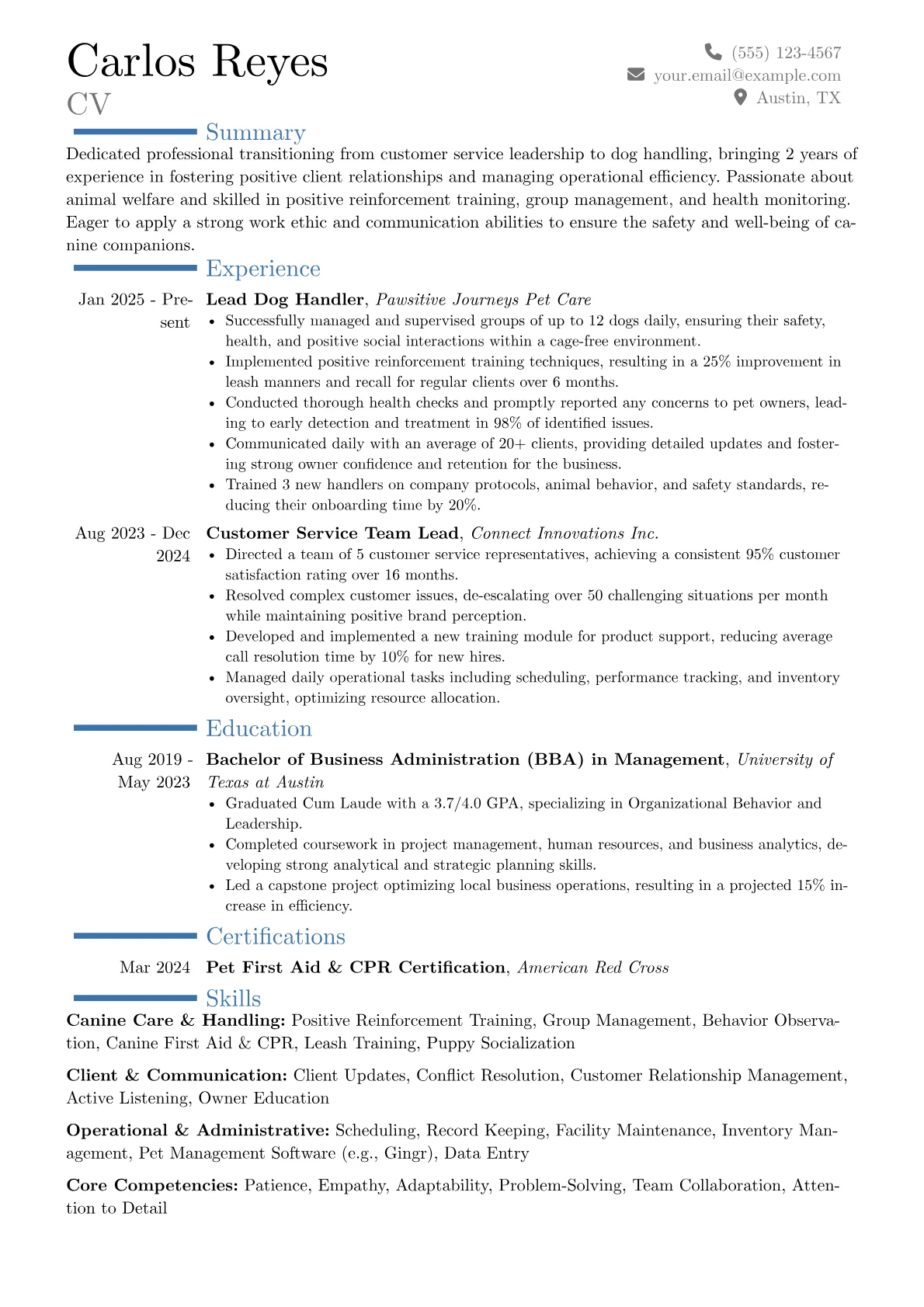 Dog Handler resume example, Career changer, page 1