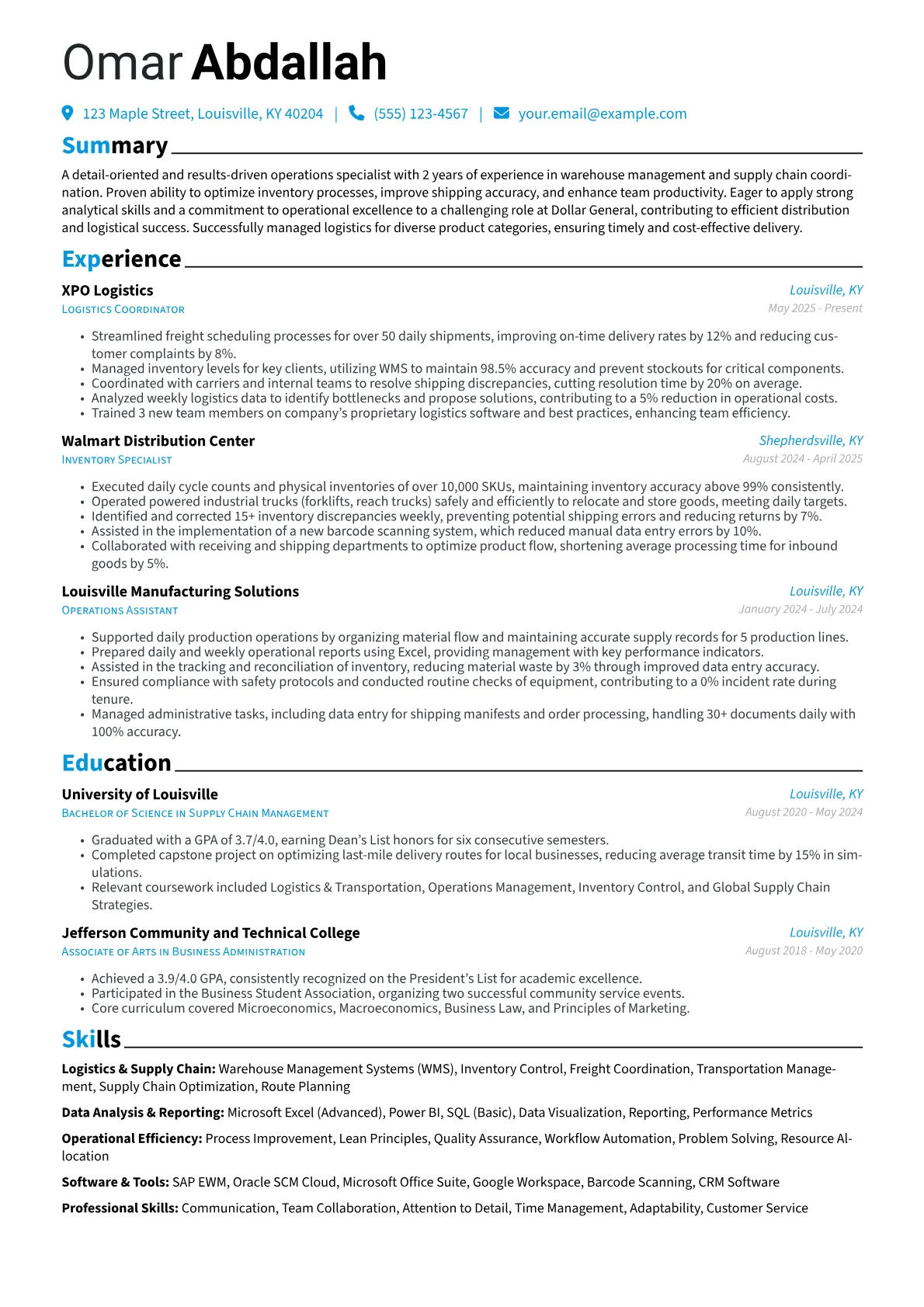Dollar General resume example, Logistics & Operations, page 1