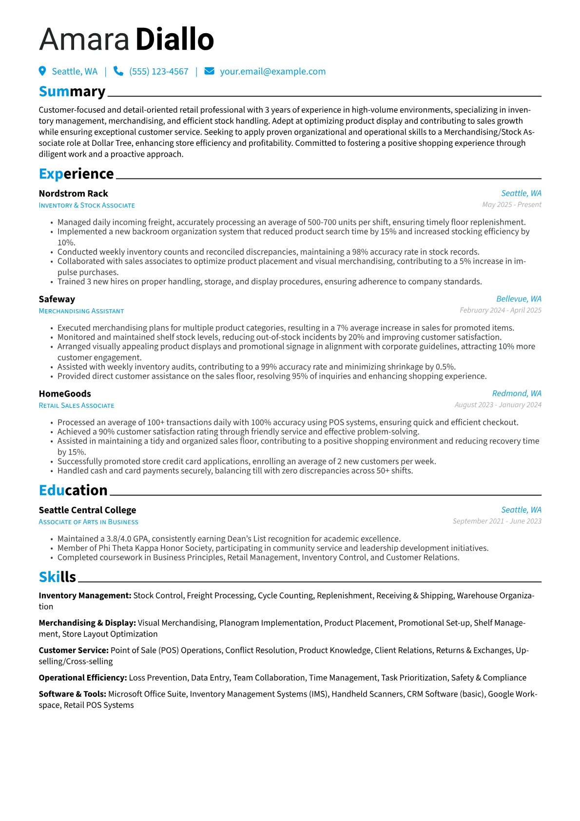 Dollar Tree resume example, Merchandising/Stock, page 1