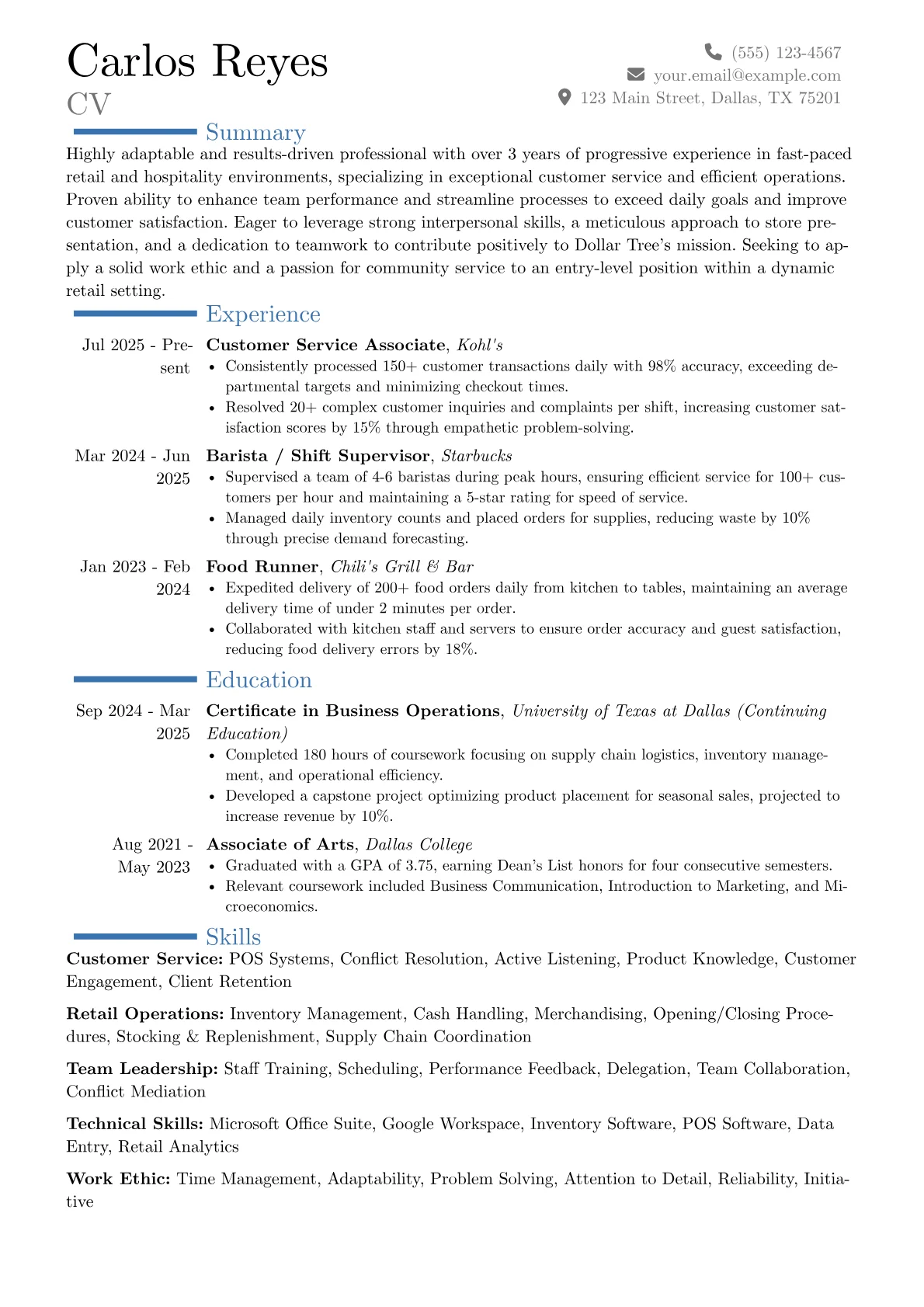 Dollar Tree resume example, Career changer, page 1