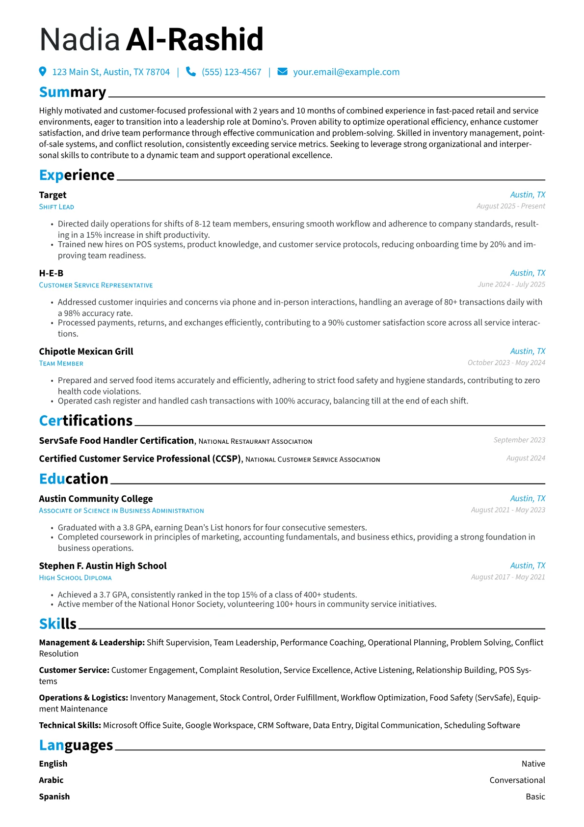 Domino's resume example, Management & Leadership, page 1