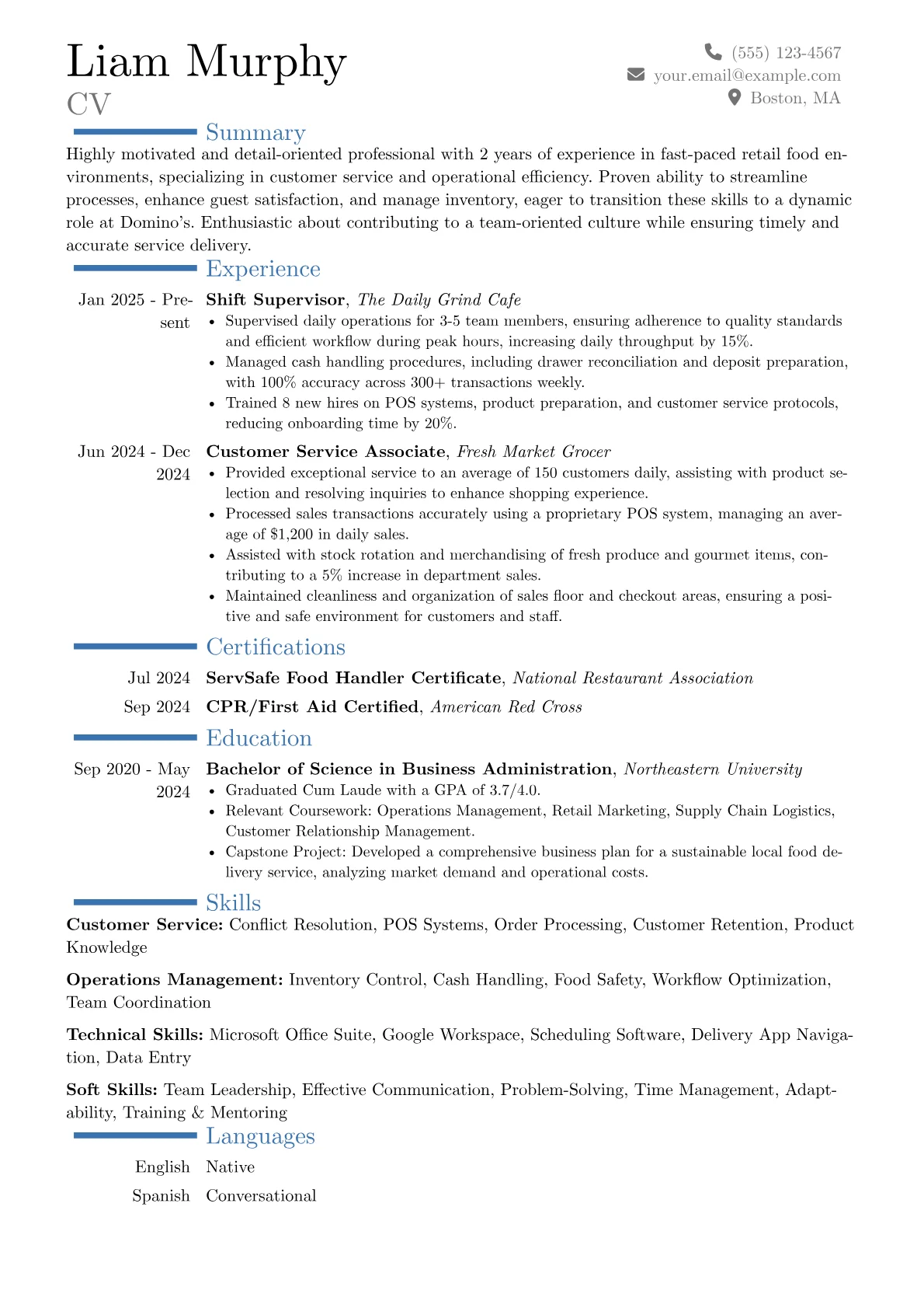Domino's resume example, Career changer, page 1