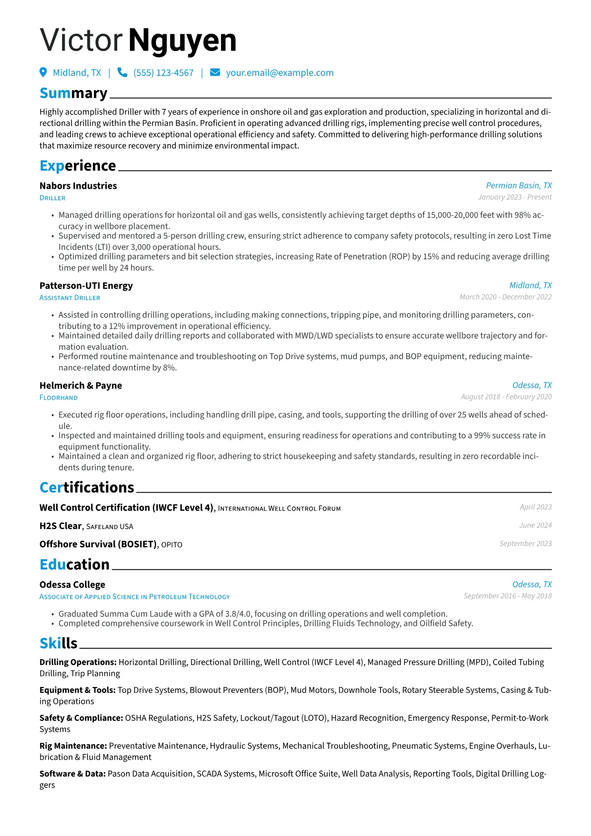 Driller resume example, Oil & Gas Driller, page 1