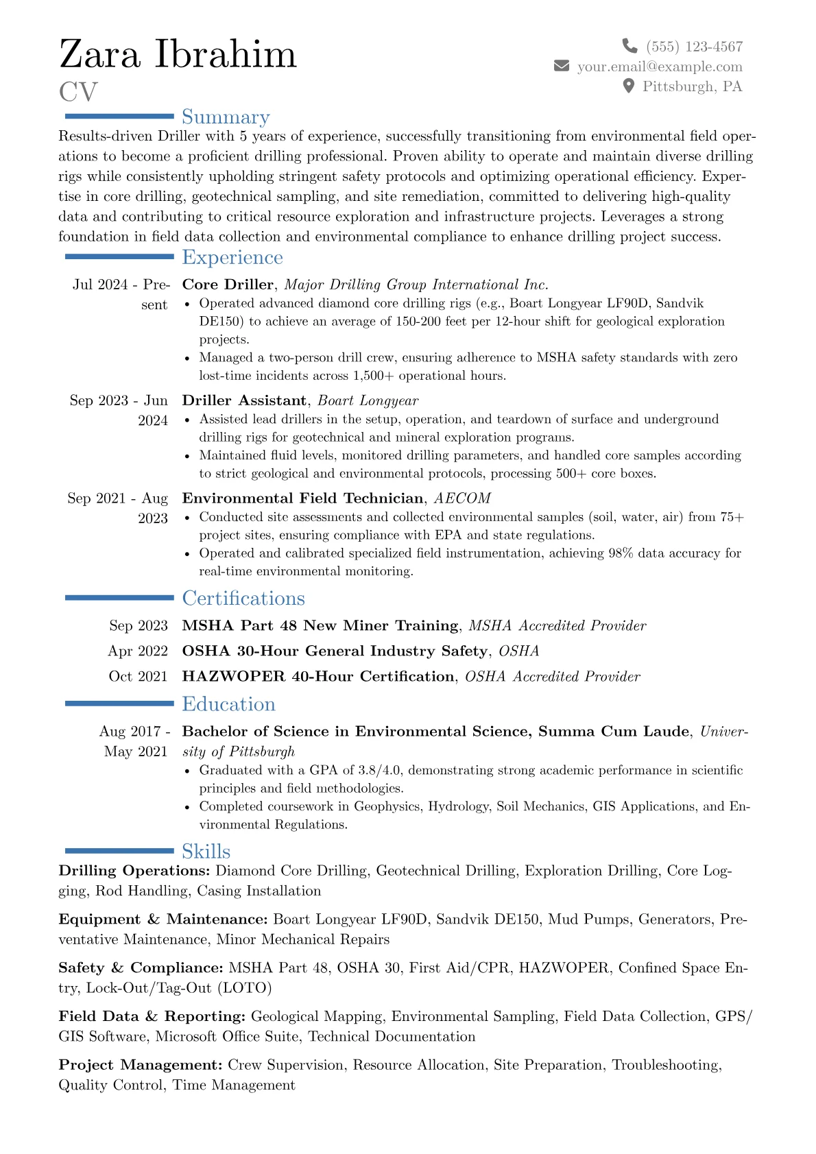 Driller resume example, Career changer, page 1