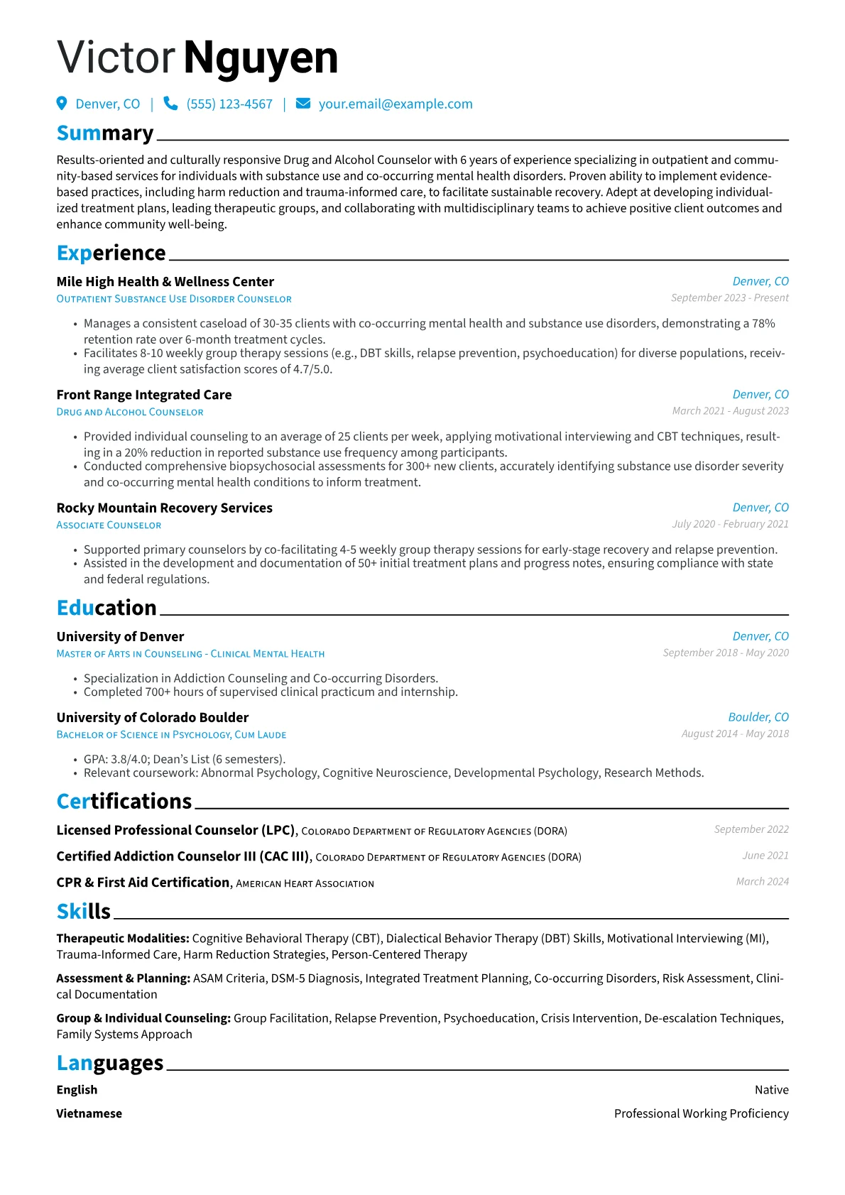 Drug and Alcohol Counselor resume example, Outpatient & Co-occurring, page 1