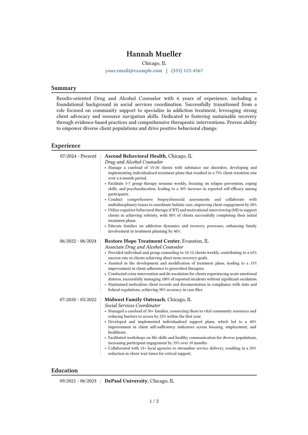 Drug and Alcohol Counselor resume example, Career changer, page 1