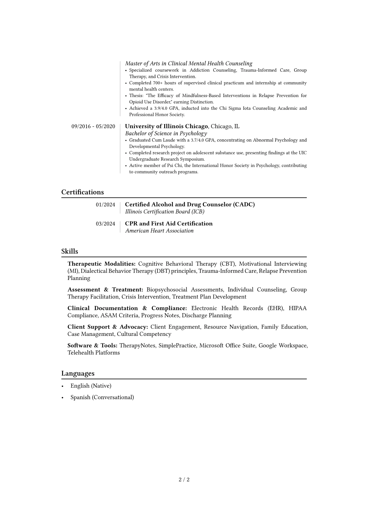 Drug and Alcohol Counselor resume example, Career changer, page 2