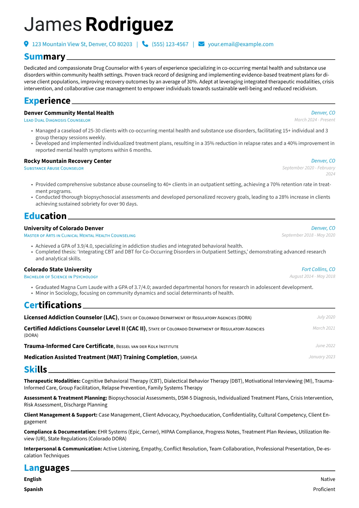 Drug Counselor resume example, Therapeutic Modalities, page 1