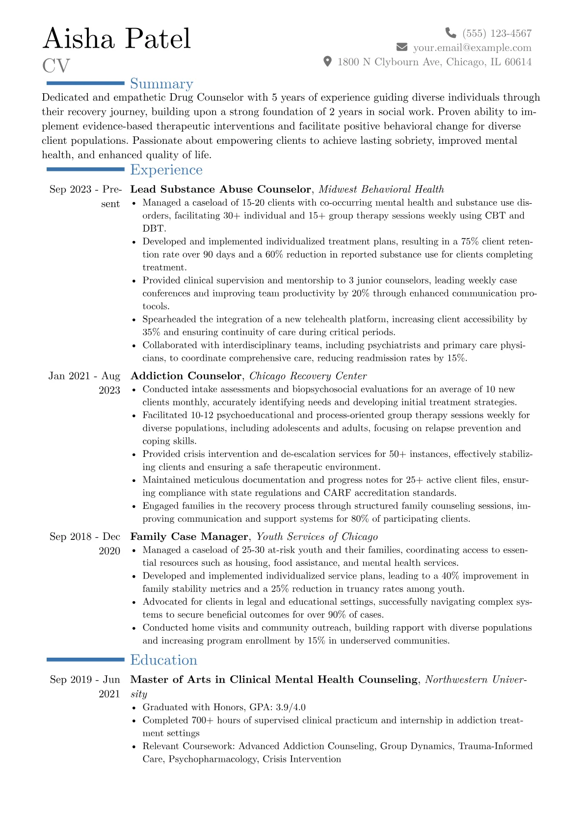 Drug Counselor resume example, Career changer, page 1