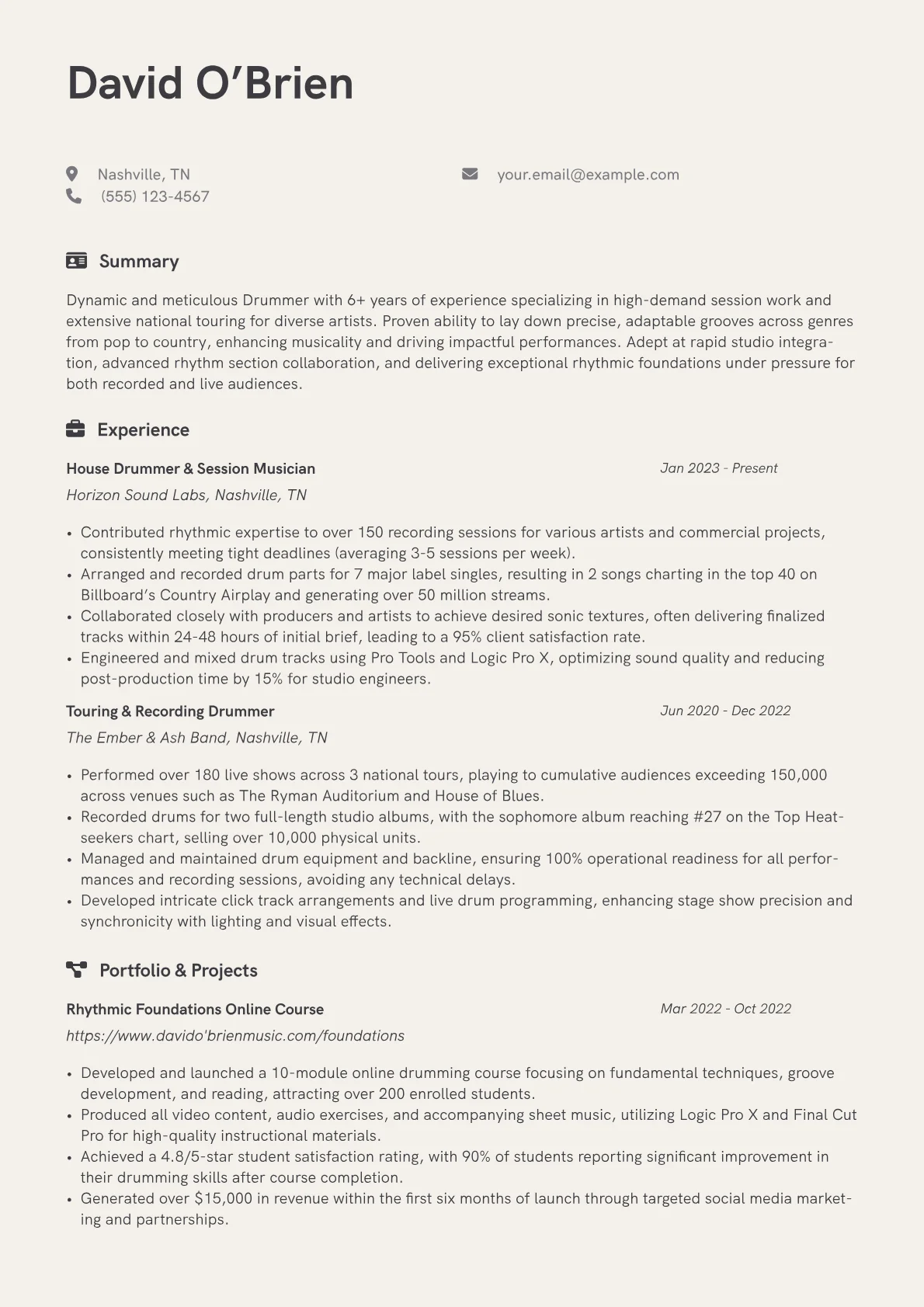 Drummer resume example, Drummer, page 1