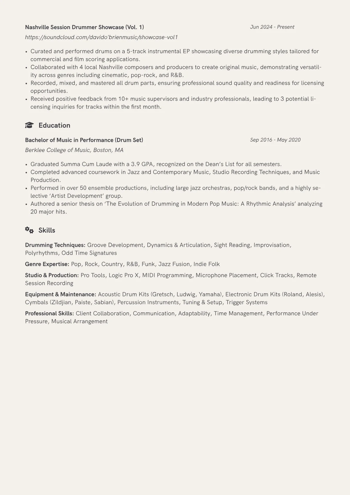 Drummer resume example, Drummer, page 2