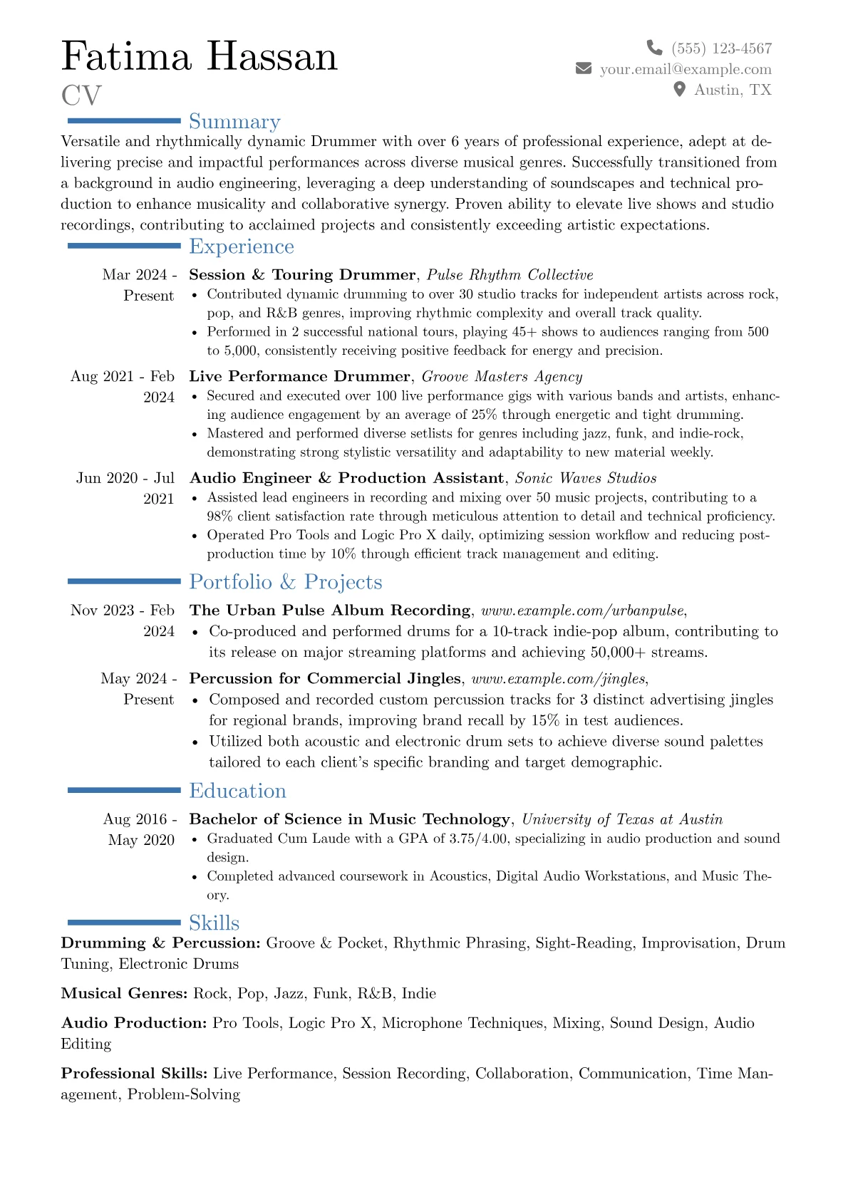 Drummer resume example, Career changer, page 1