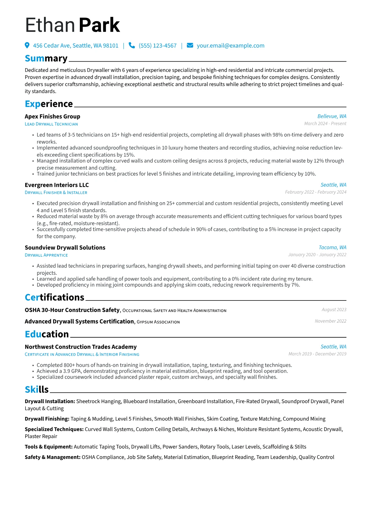 Drywaller resume example, High-End Residential, page 1
