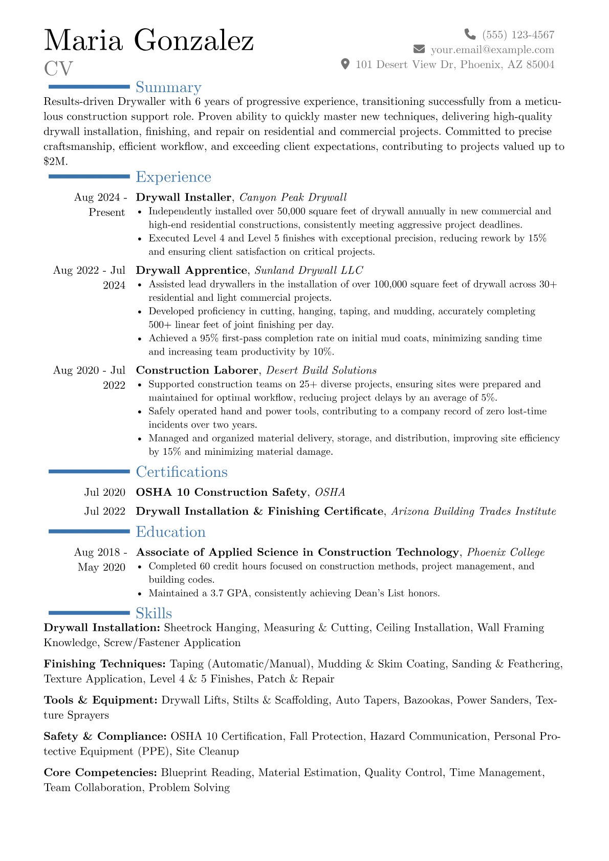 Drywaller resume example, Career changer, page 1