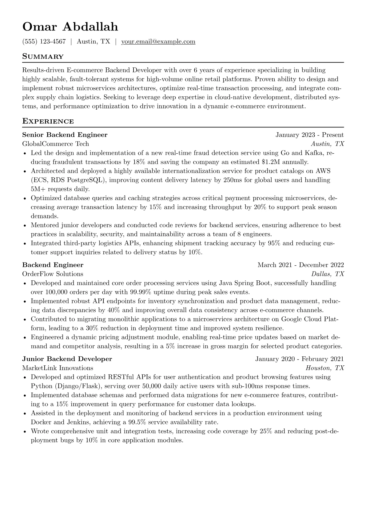 E-commerce Backend Developer resume example, E-commerce Backend, page 1