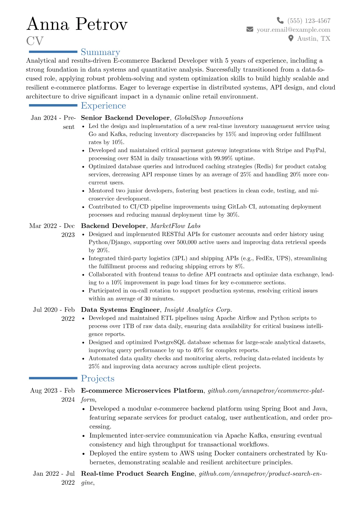 E-commerce Backend Developer resume example, Career changer, page 1
