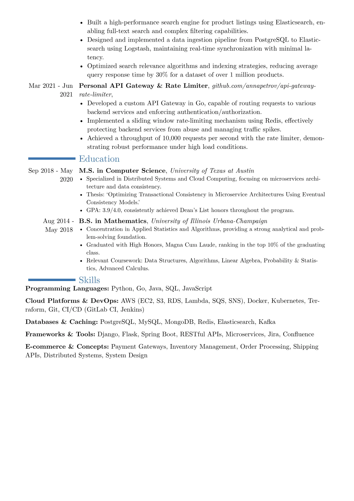 E-commerce Backend Developer resume example, Career changer, page 2