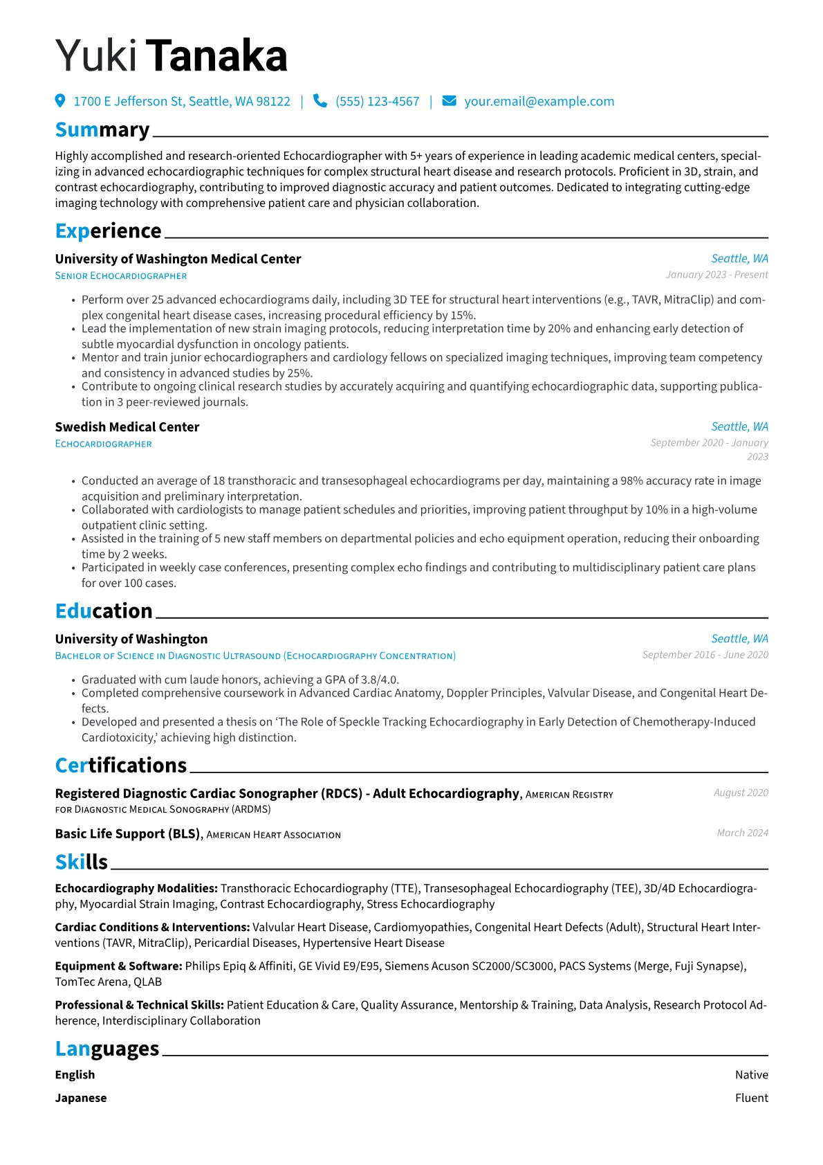 Echocardiographer resume example, Echocardiography, page 1