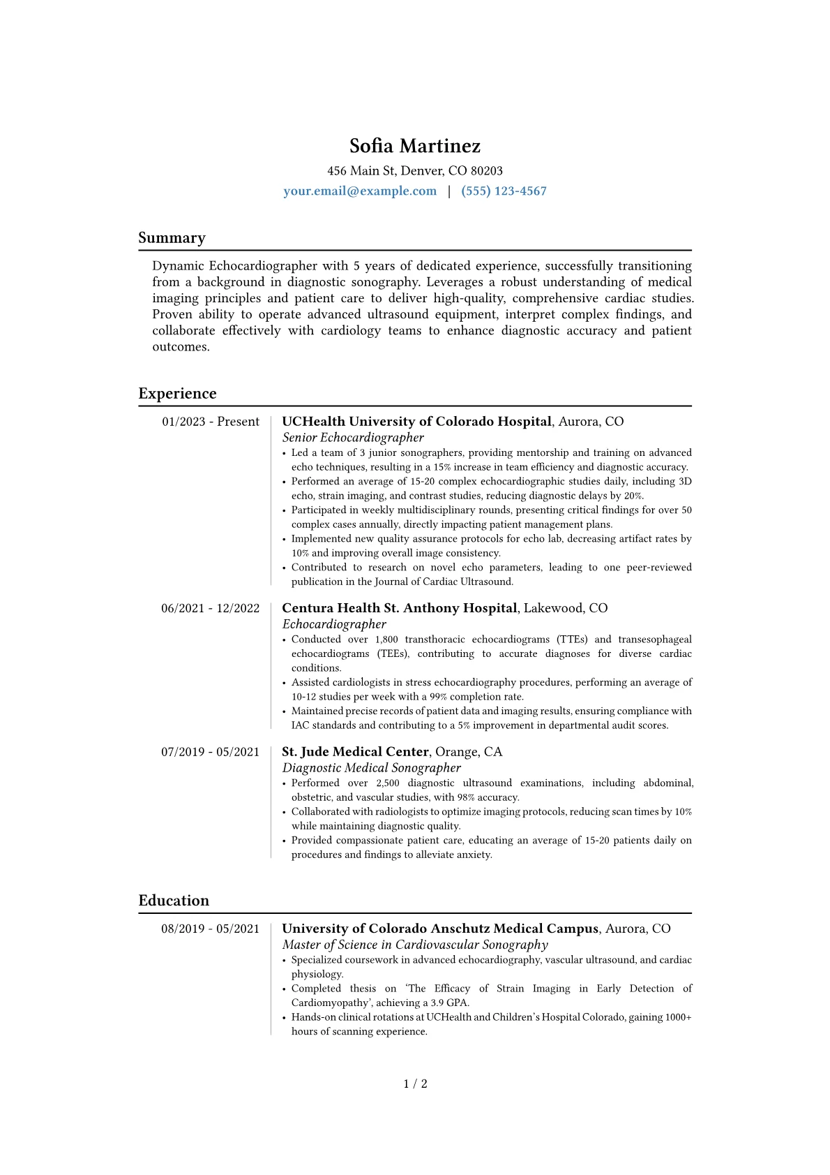 Echocardiographer resume example, Career changer, page 1
