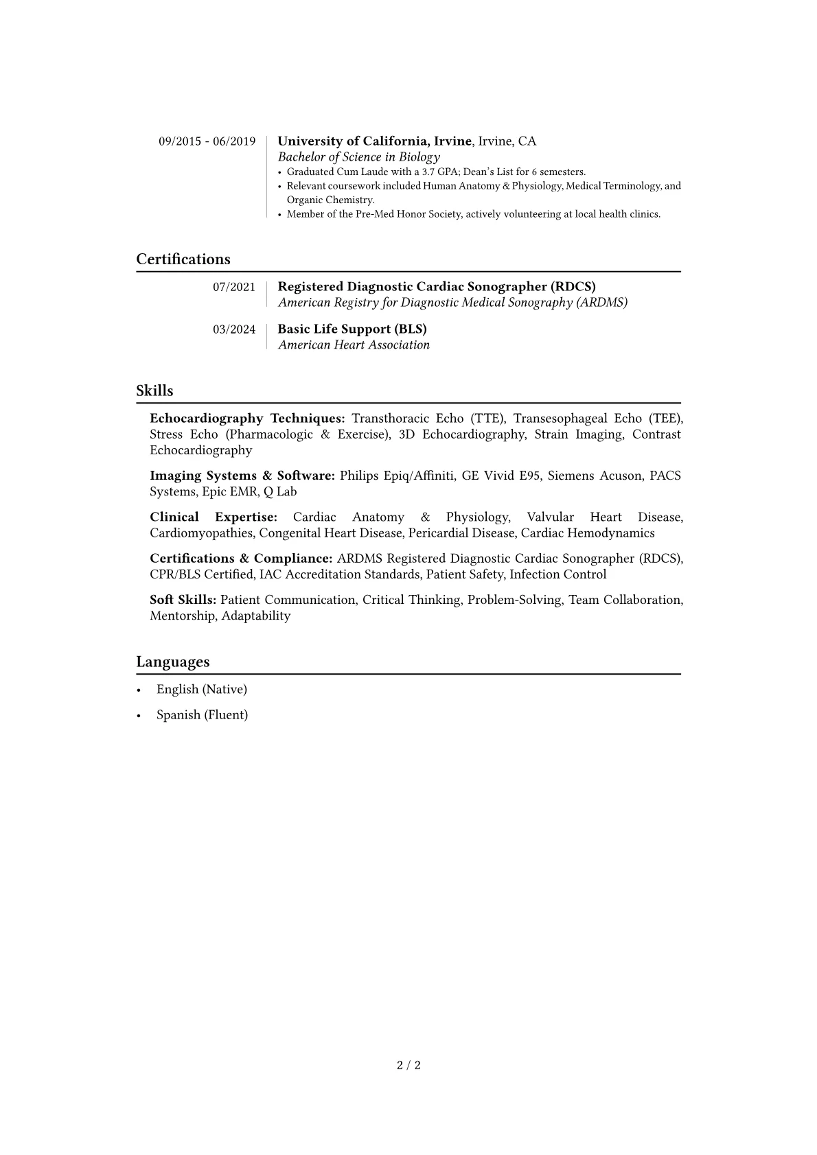 Echocardiographer resume example, Career changer, page 2