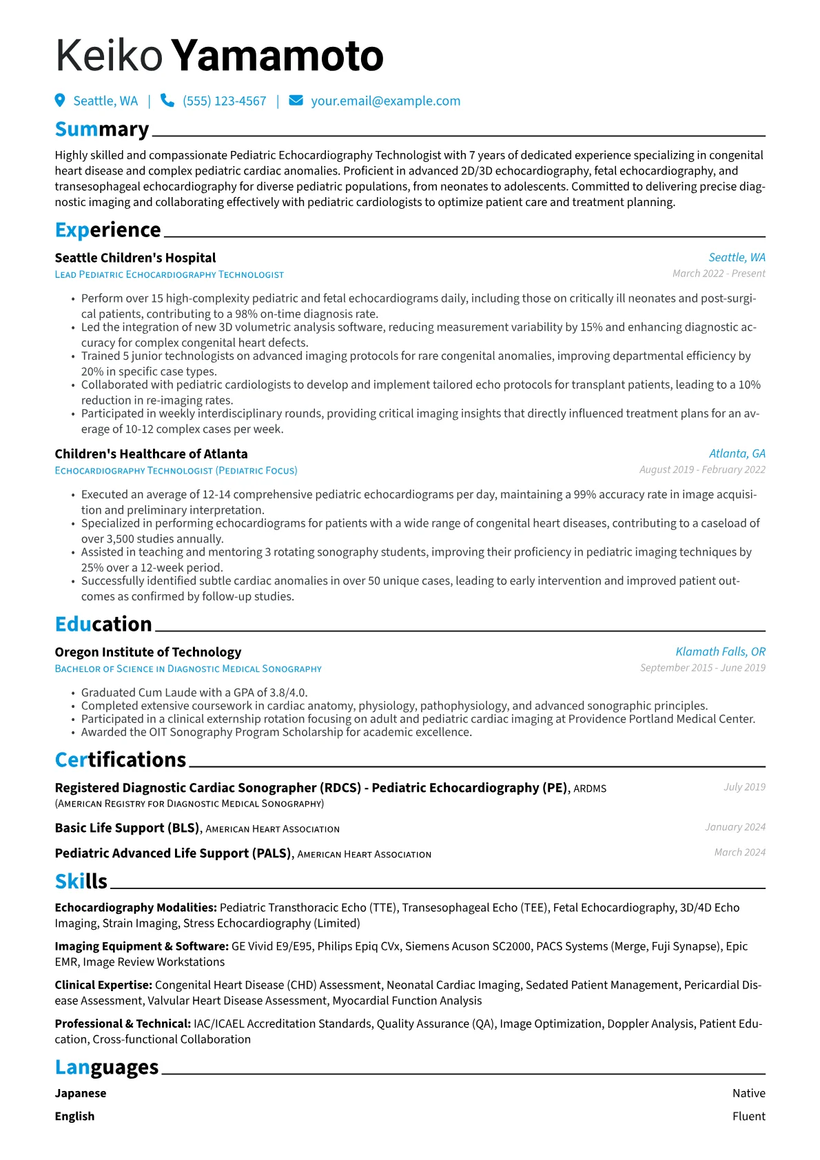 Echocardiography Technologist resume example, Pediatric Specialist, page 1