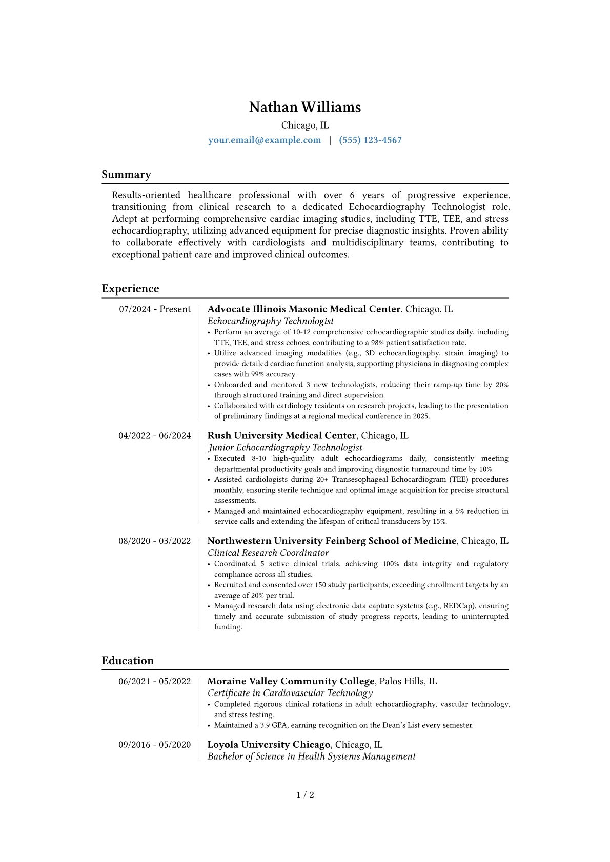 Echocardiography Technologist resume example, Career changer, page 1