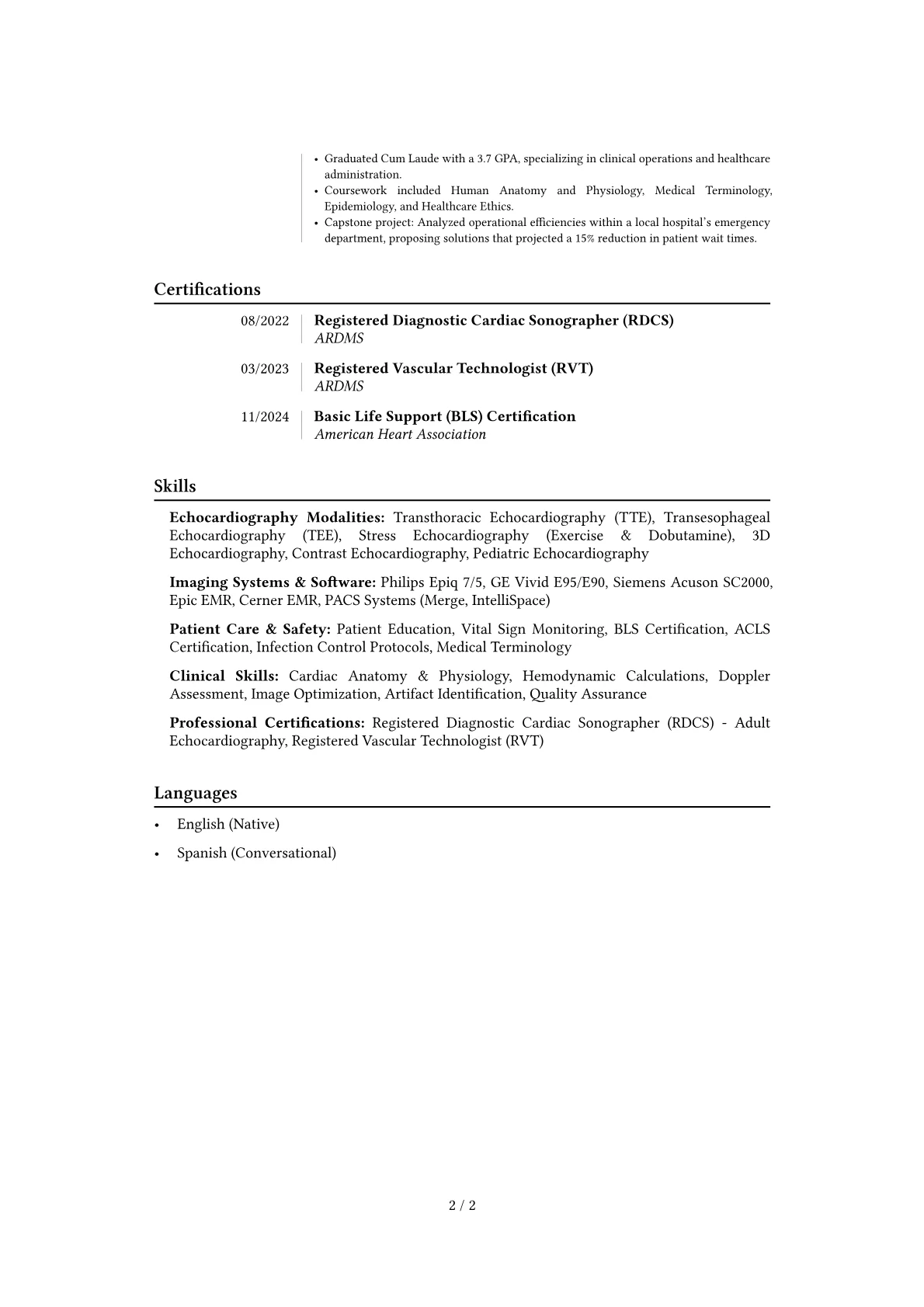 Echocardiography Technologist resume example, Career changer, page 2