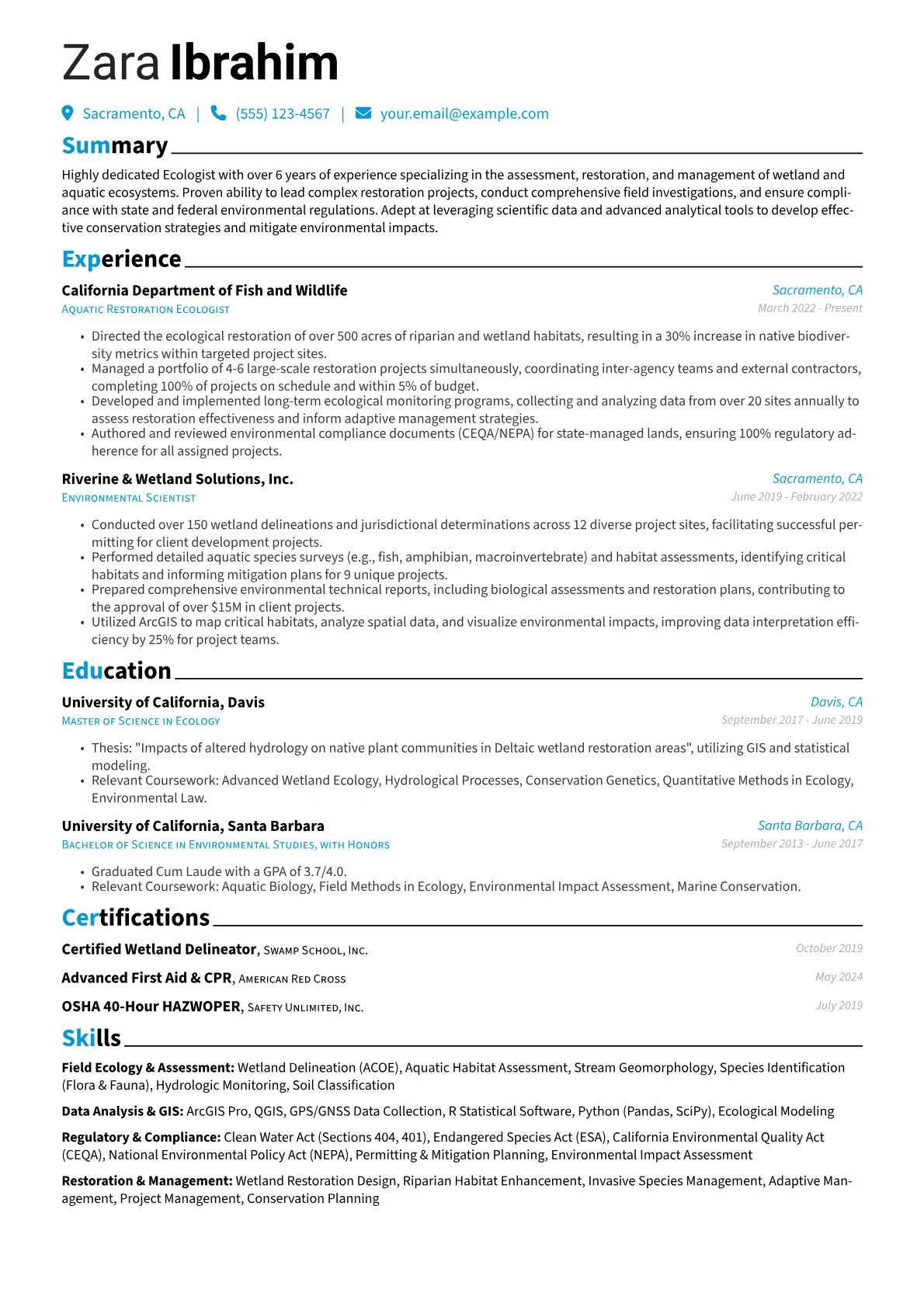 Ecologist resume example, Field Ecology & Assessment, page 1