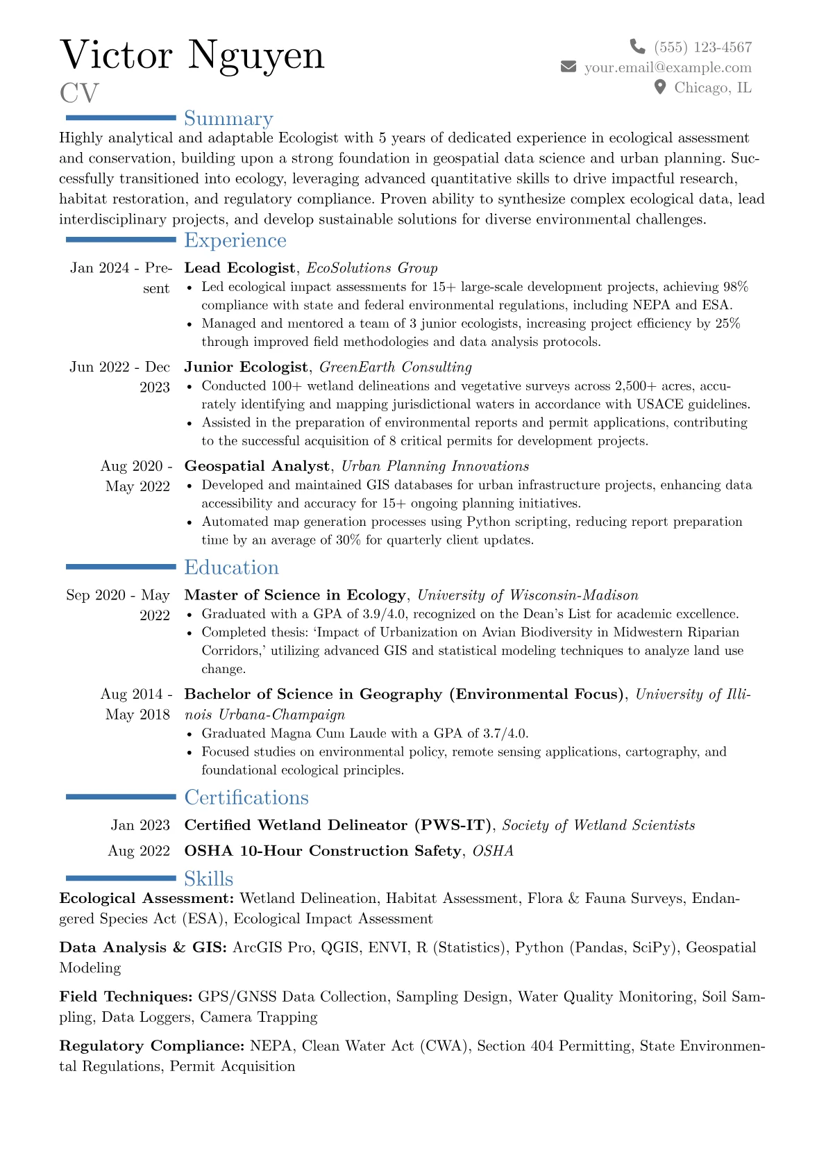 Ecologist resume example, Career changer, page 1