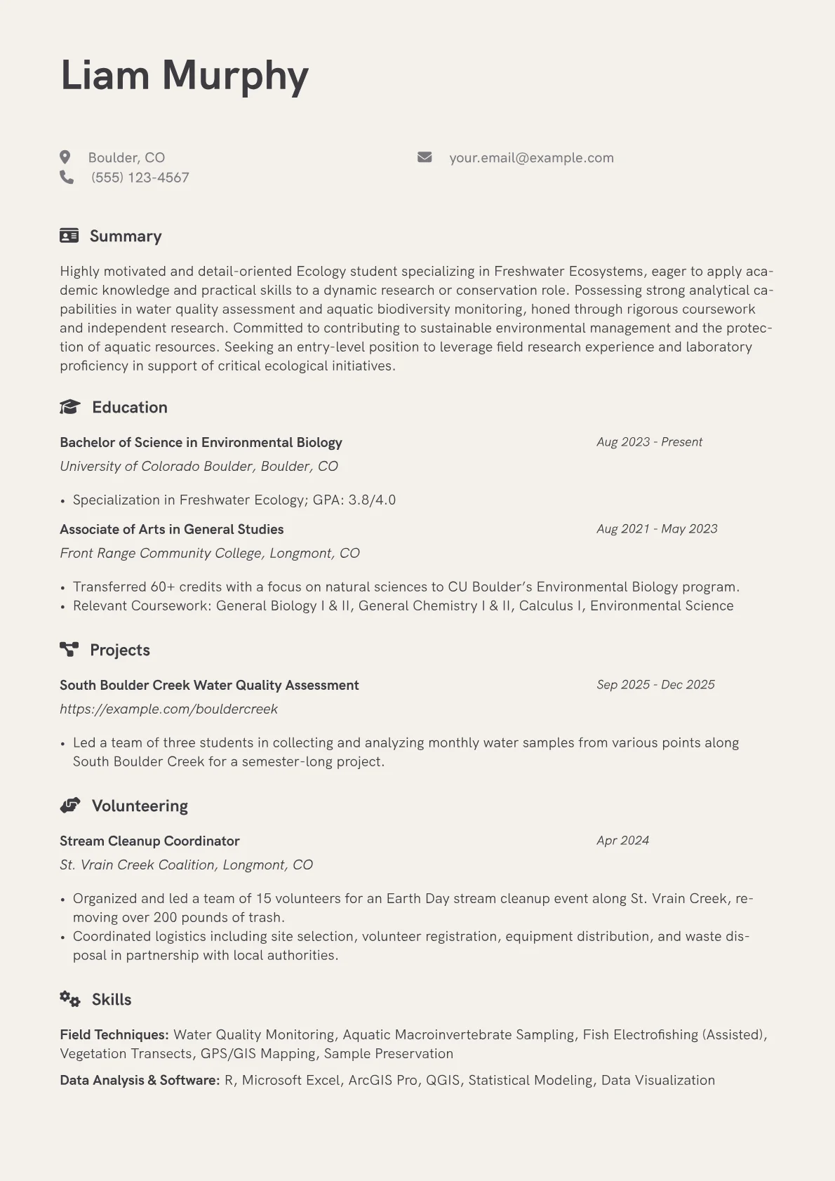 Ecology Student resume example, Freshwater Ecology Focus, page 1