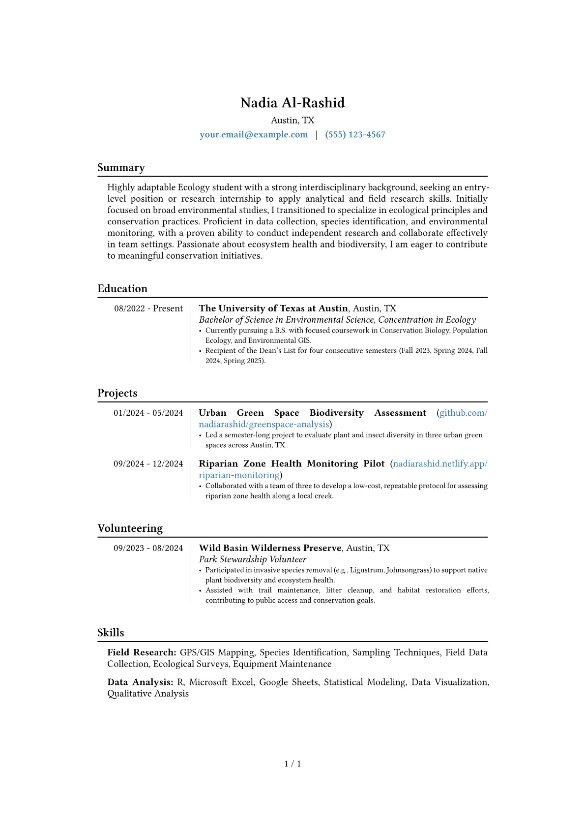 Ecology Student resume example, Career changer, page 1