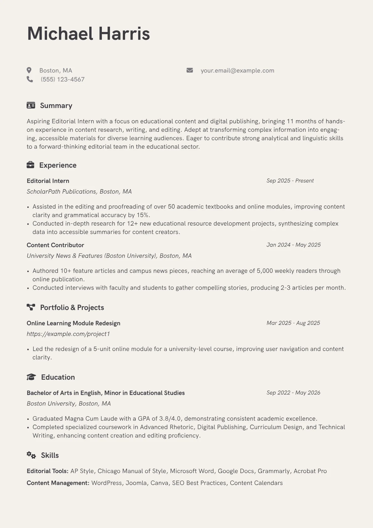Editorial Intern resume example, Default, page 1
