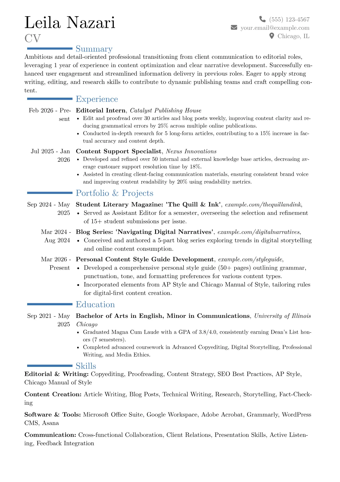 Editorial Intern resume example, Career changer, page 1